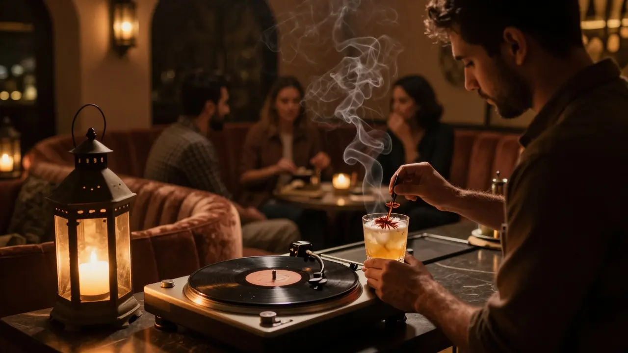 Intimate speakeasy bar with bartender mixing spiced cocktails in warm, dim lighting.