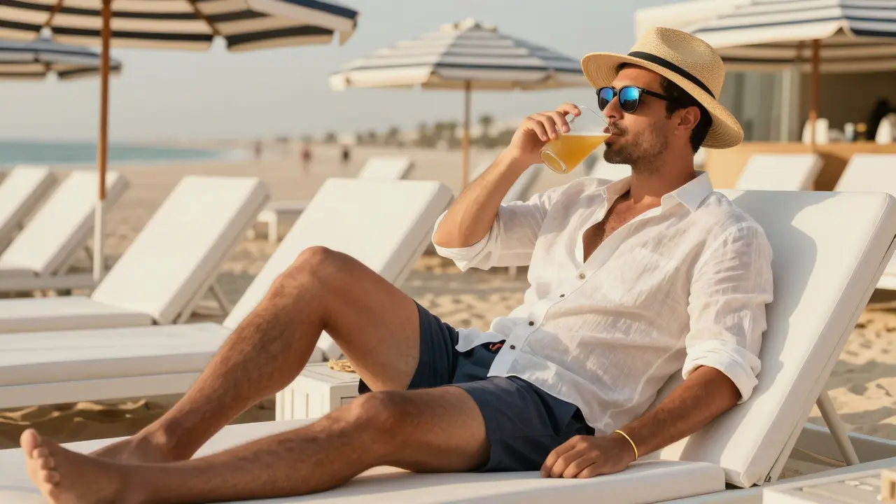 Man in tailored swim trunks and linen shirt lounging under an umbrella at a luxury beach club.