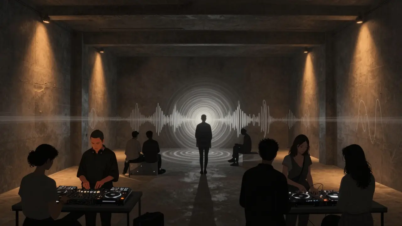 Minimalist techno club with dim lighting and focused patrons enjoying live music in industrial space.