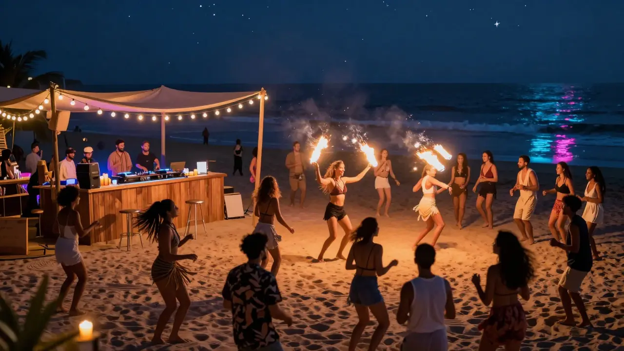 Nighttime beach party with fire dancers, string lights, and crowd moving to music under starry skies.