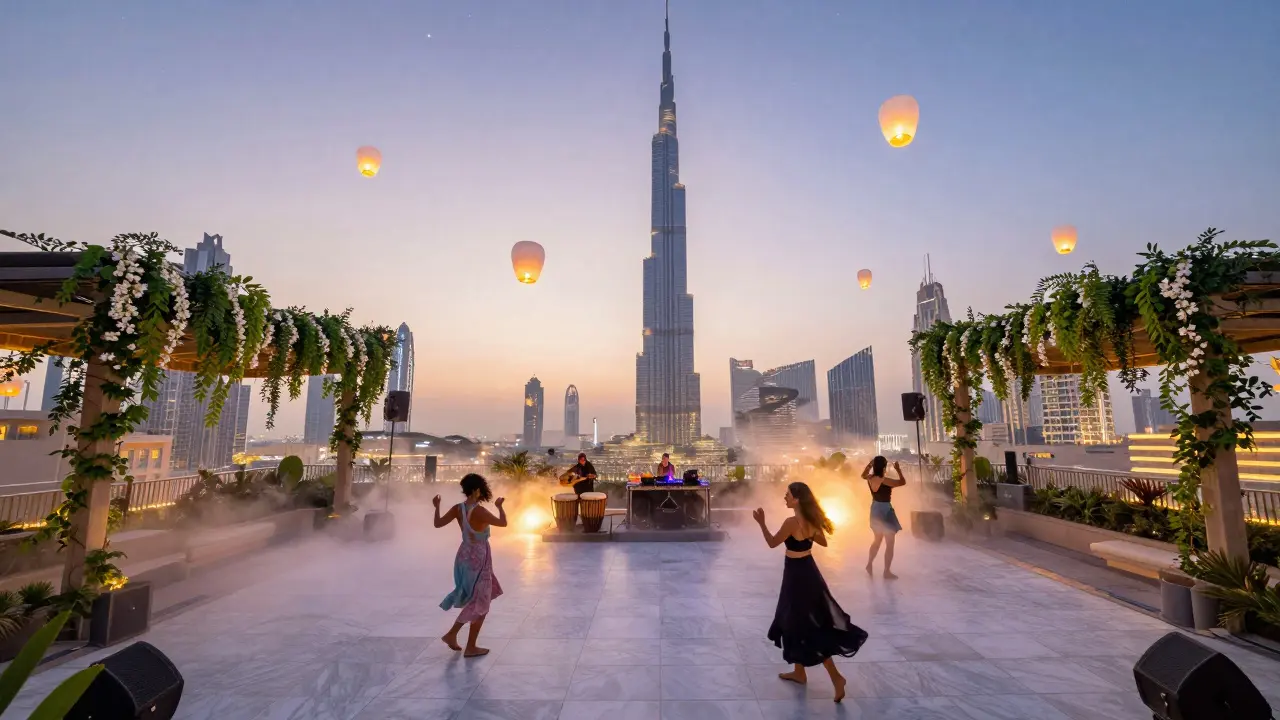 Open-air rooftop club at dawn with Burj Khalifa in background and live musicians playing.