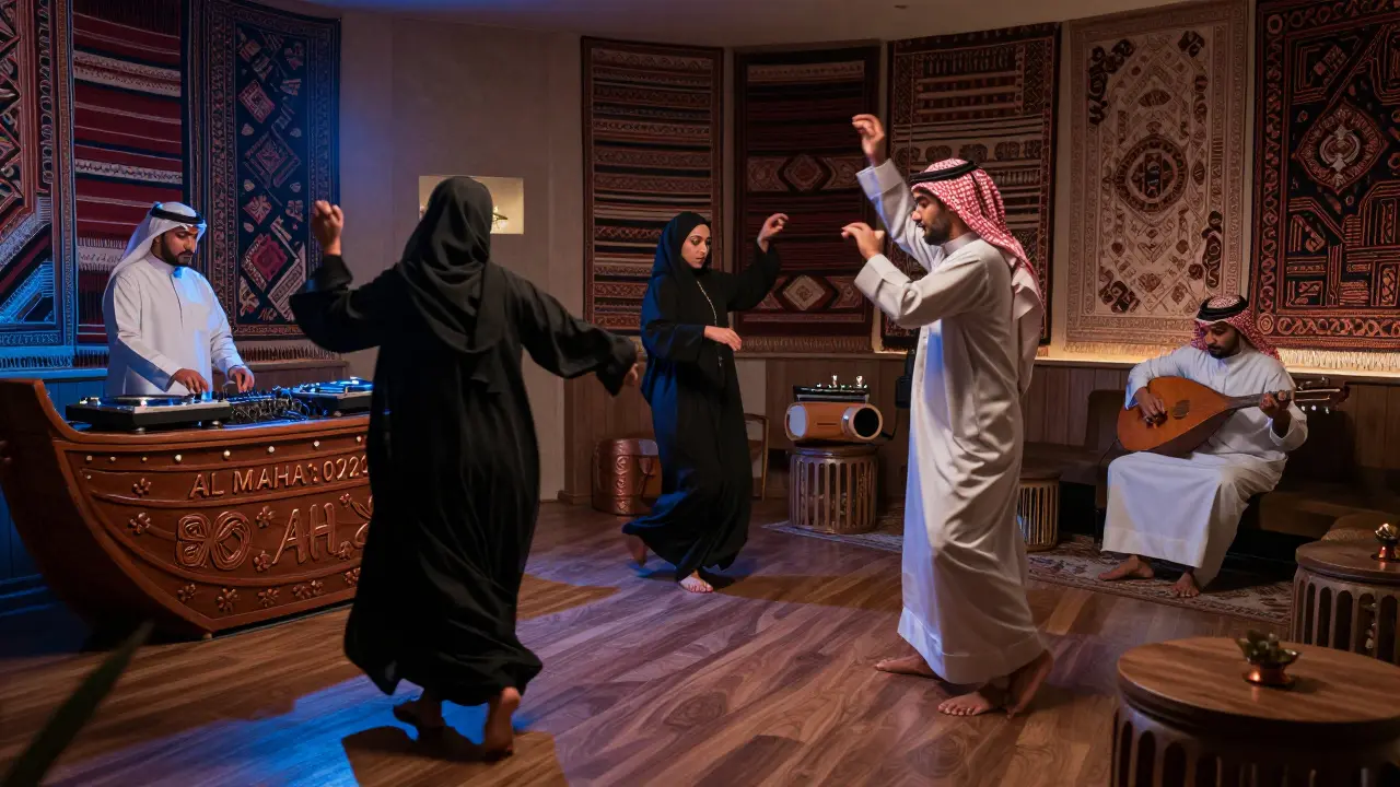 People dancing gracefully in a dimly lit lounge with vintage textiles on the walls, a live oud player nearby.