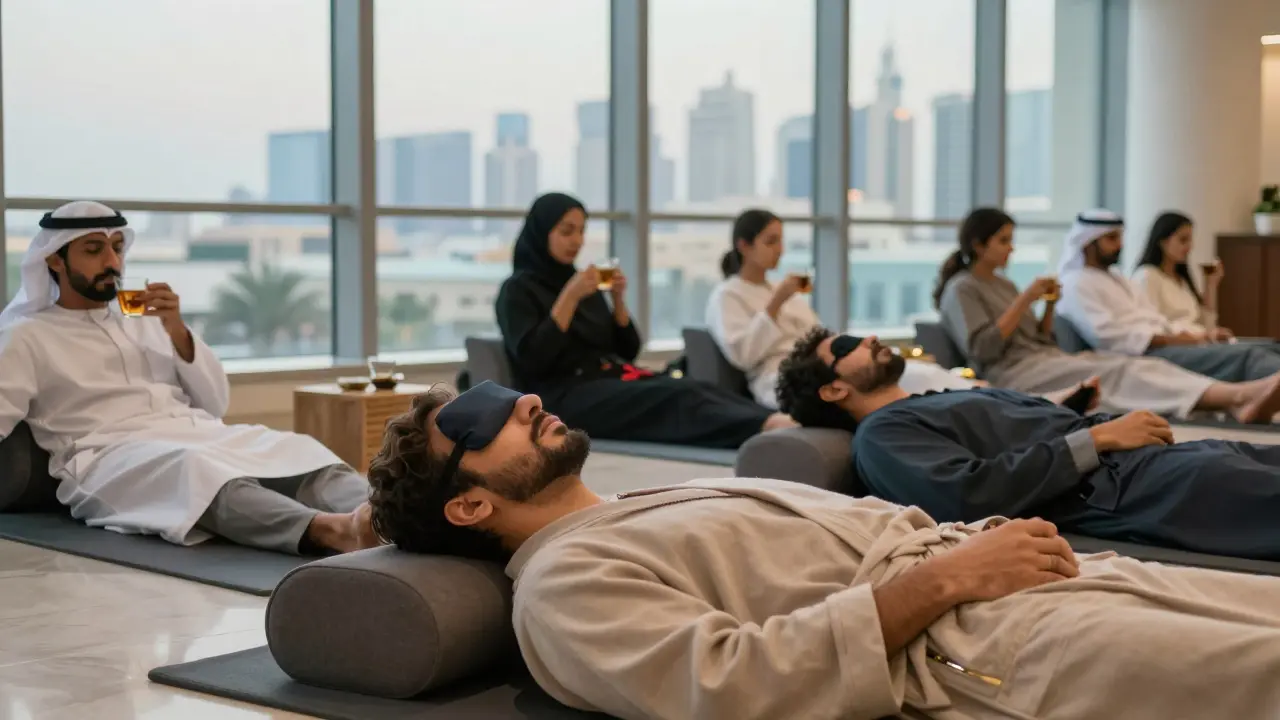People relaxing in a wellness lounge after massage, sipping tea, wrapped in robes, city view at dusk.