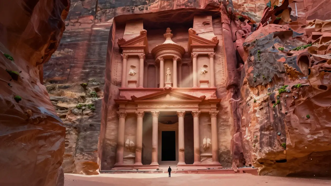 Petra’s Treasury carved into red cliffs, sunlight streaming through a narrow gorge.