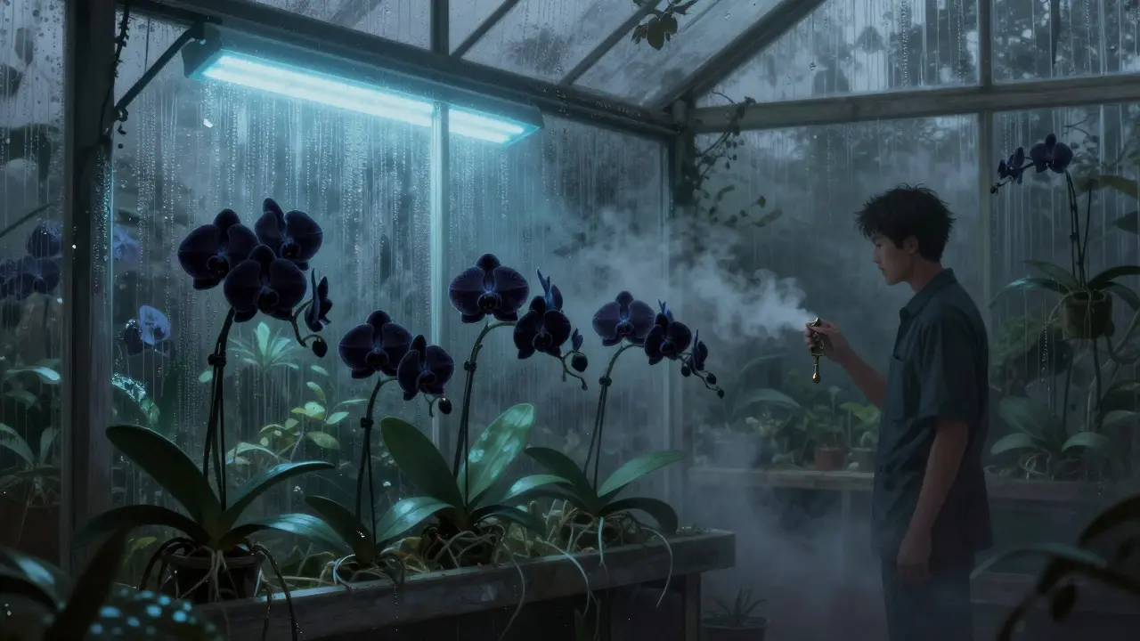 Rare black orchids glowing under greenhouse lights, with a gardener holding a key in the background.