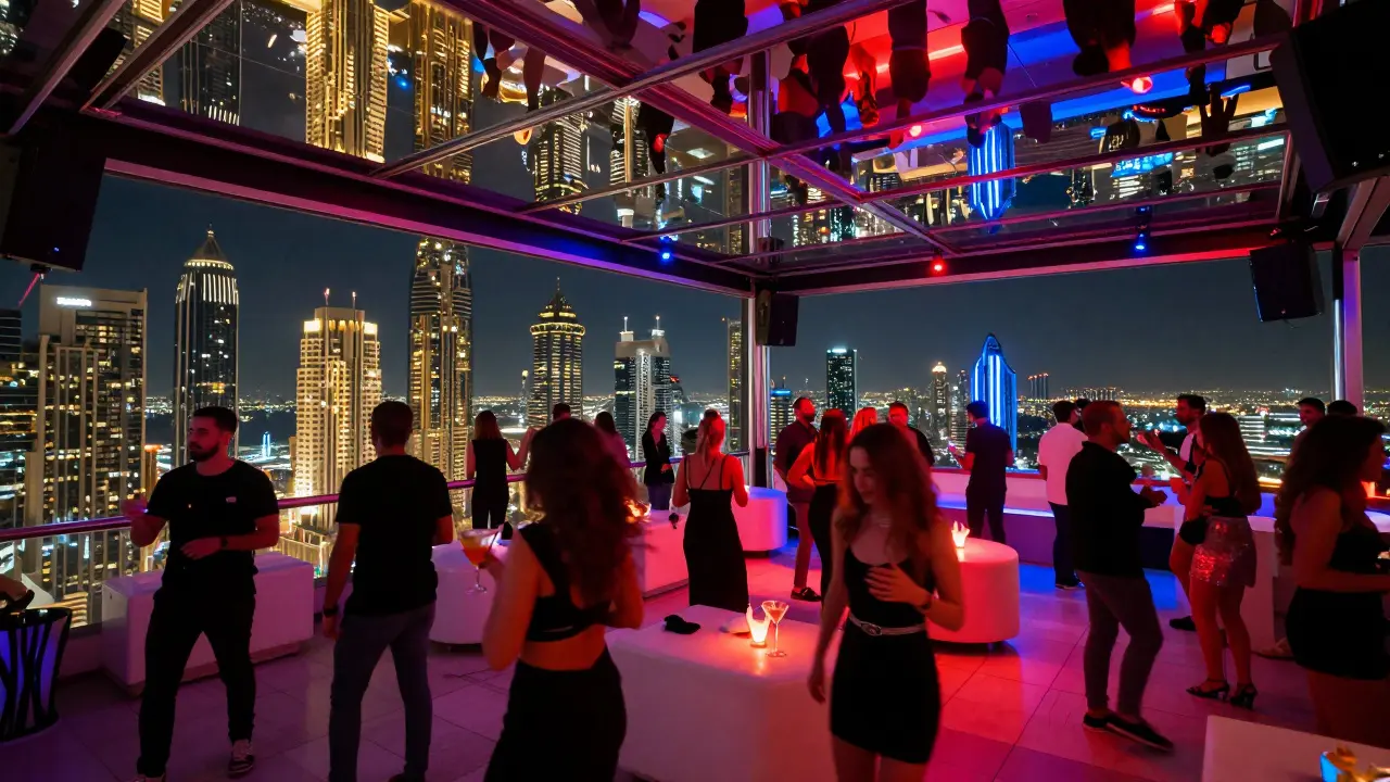Rooftop party with city lights below, people dancing under colorful strobe lights.
