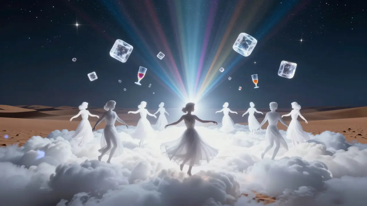 Silhouettes of dancers moving through a luminous white cloud on a surreal dance floor under starlit skies.