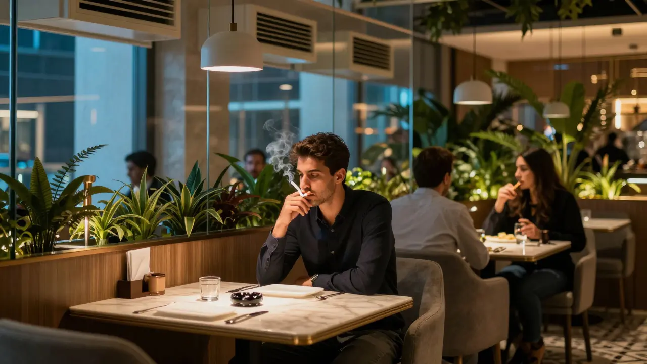 Smoker in designated ventilated smoking area of a Dubai restaurant, separated from non-smoking diners.