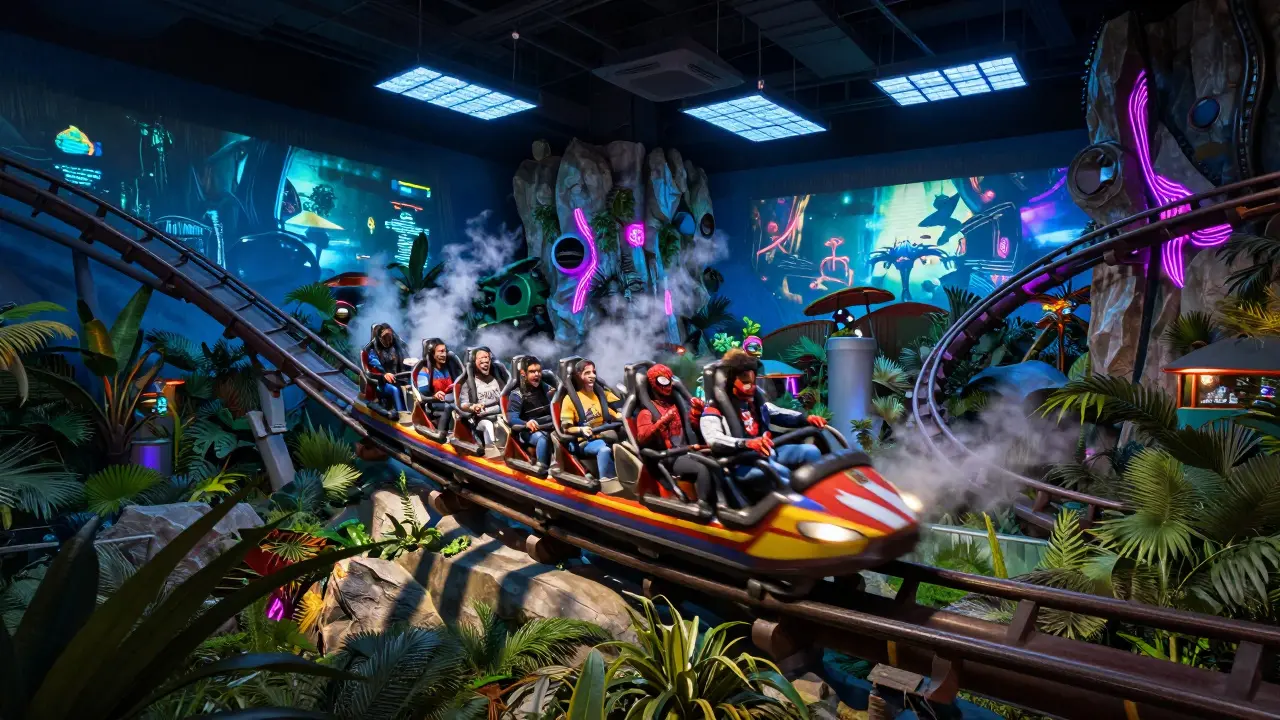 Spider-Man rollercoaster racing through a neon-lit indoor theme park with digital projections on walls.