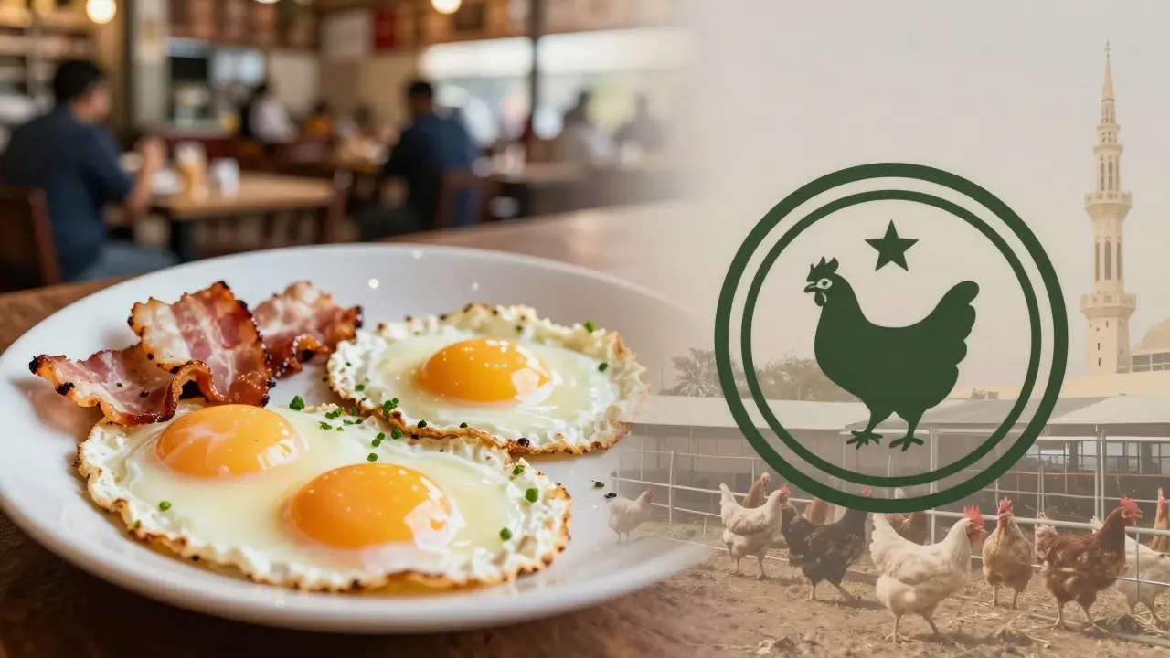 Split image of eggs with vegetarian bacon and halal certification, symbolizing food diversity in Dubai.