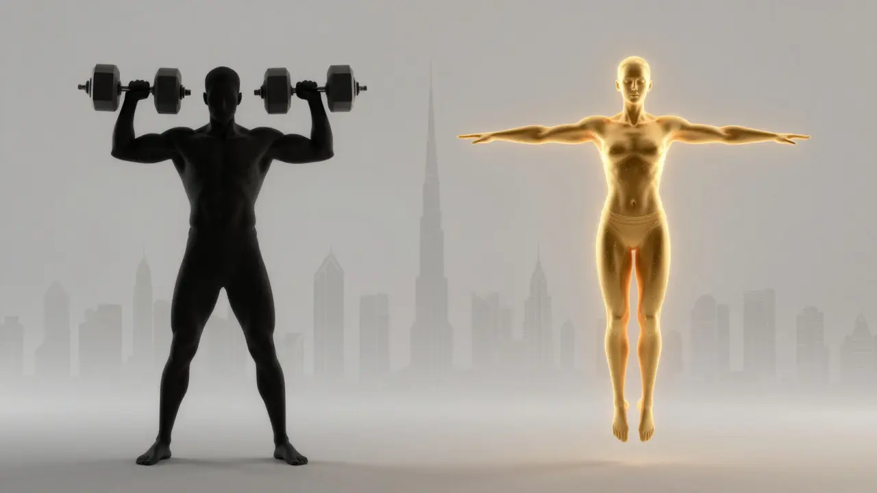 Split image showing transformation from stressed body to relaxed, energized state after Thai massage.