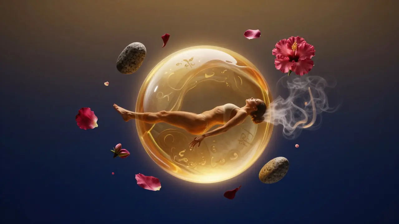 Surreal image of a person floating in an amber orb with rose petals, stones, and hibiscus blooming around them, symbolizing deep relaxation.