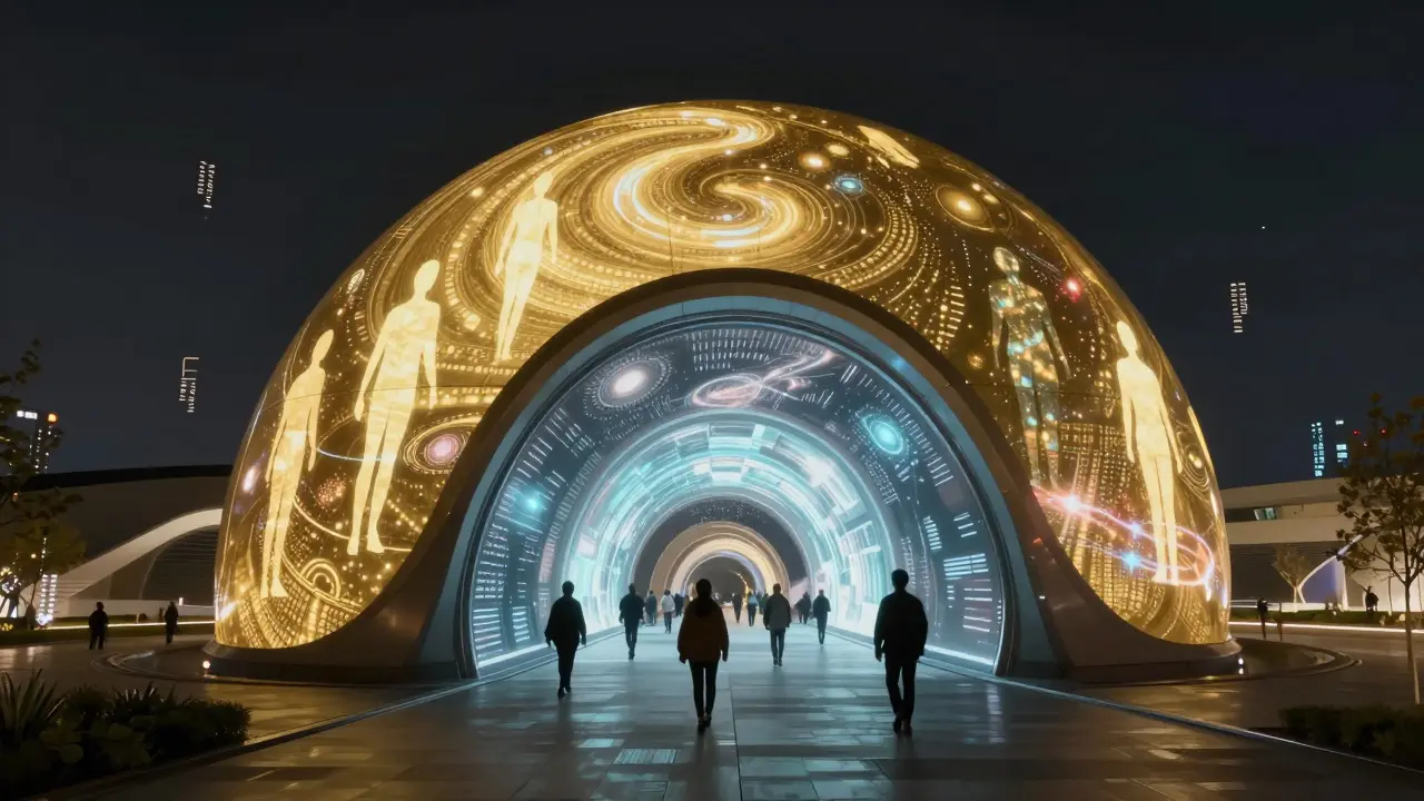 The golden Museum of the Future building glowing with digital projections of human figures and cosmic patterns at night.