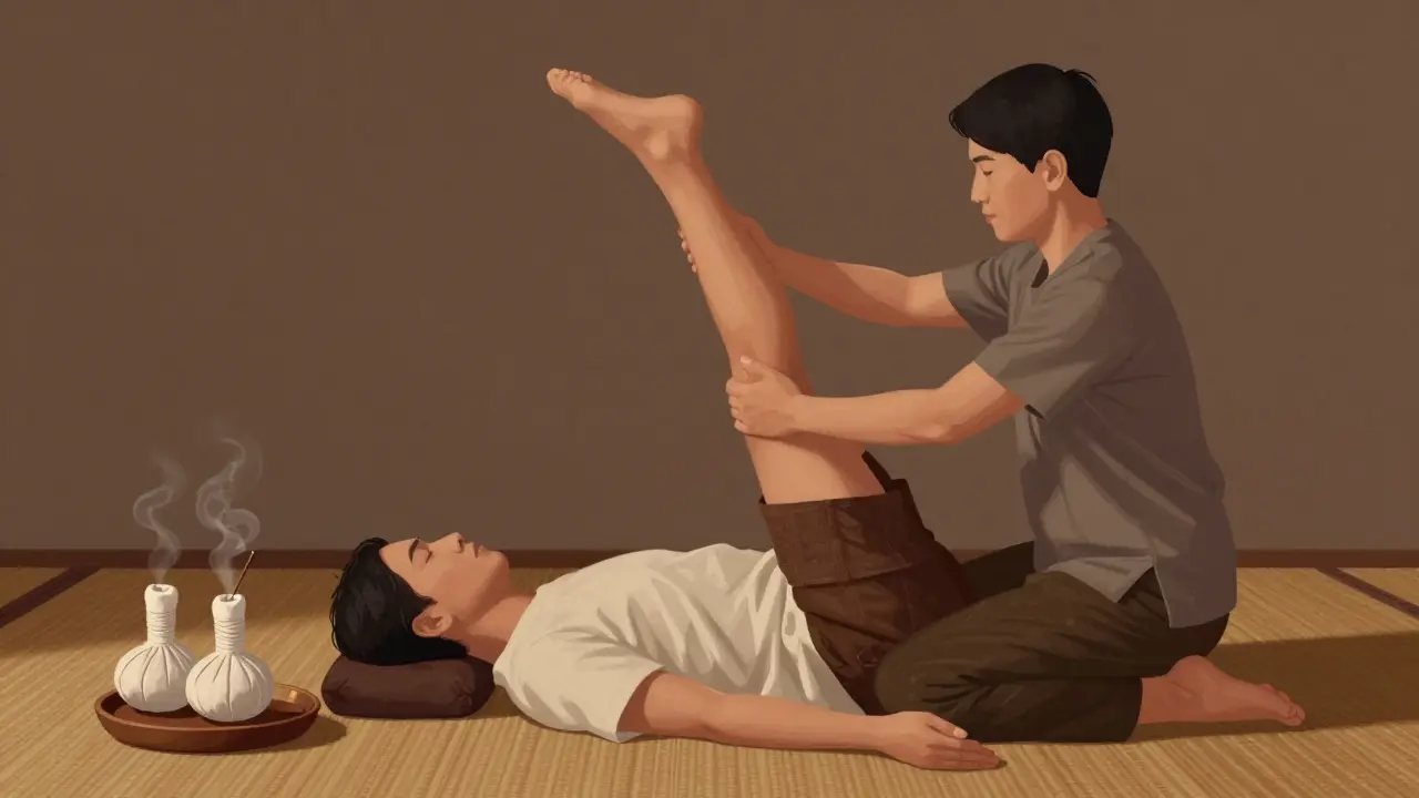 Therapist gently stretching a client's leg during an authentic Thai massage session on a floor mat.