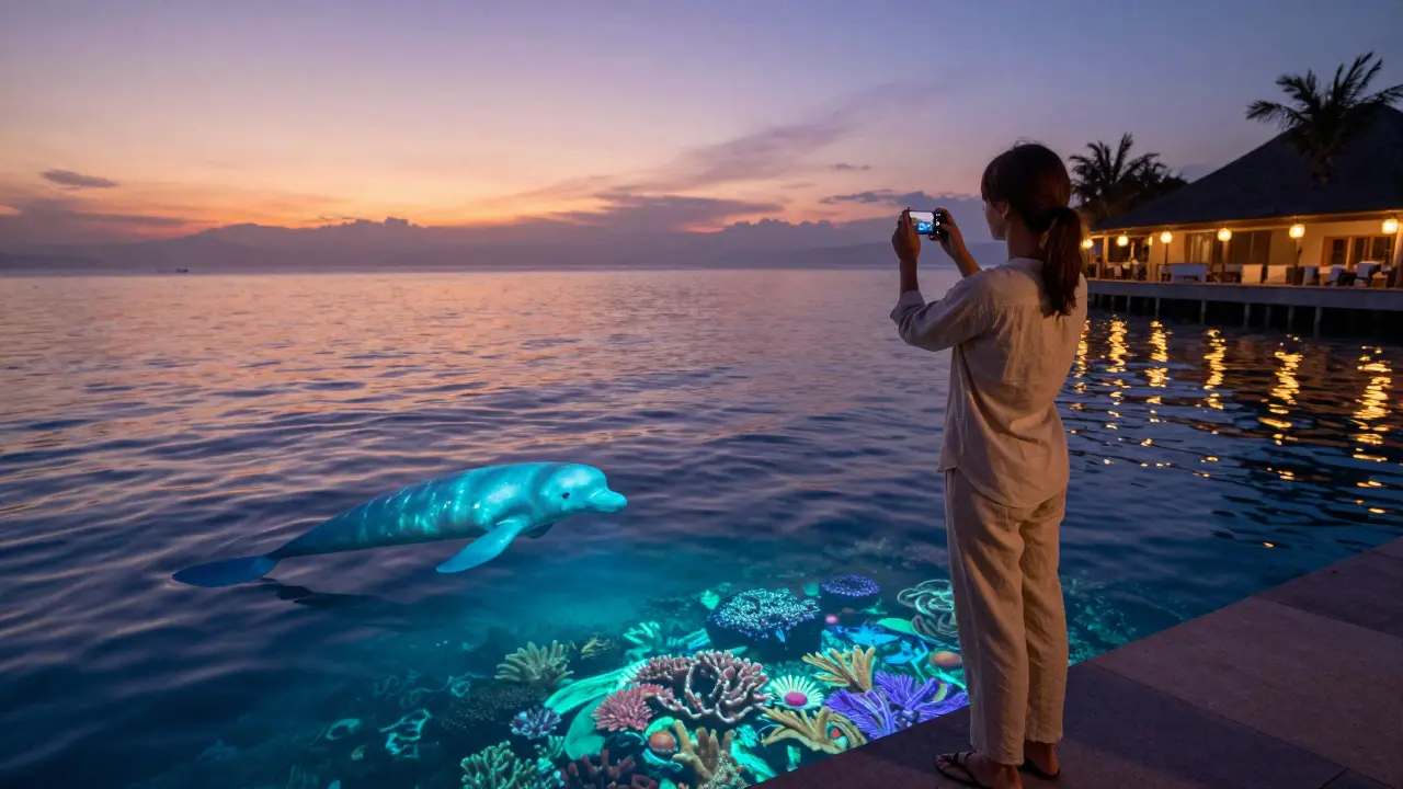 Underwater light animations reflected on water at La Mer promenade at dusk.