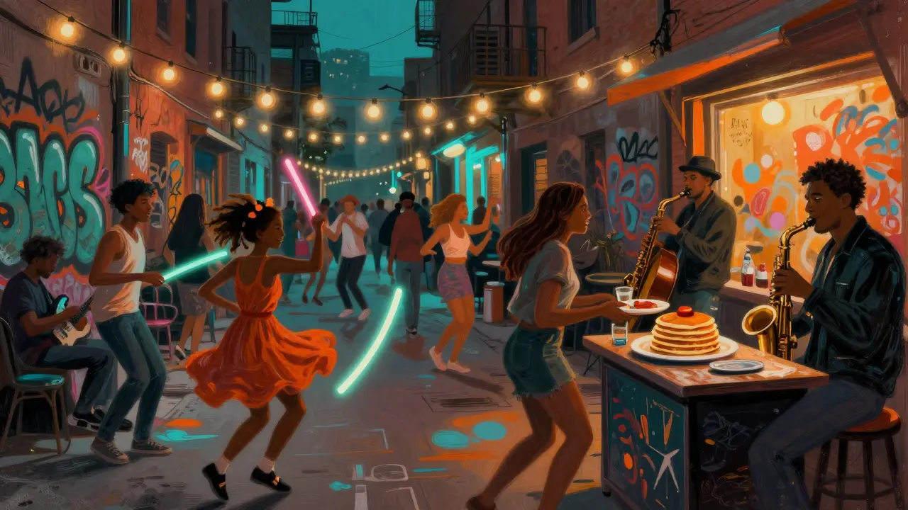 Vibrant street party at night with people dancing, a child with a glow stick, and a saxophonist playing.