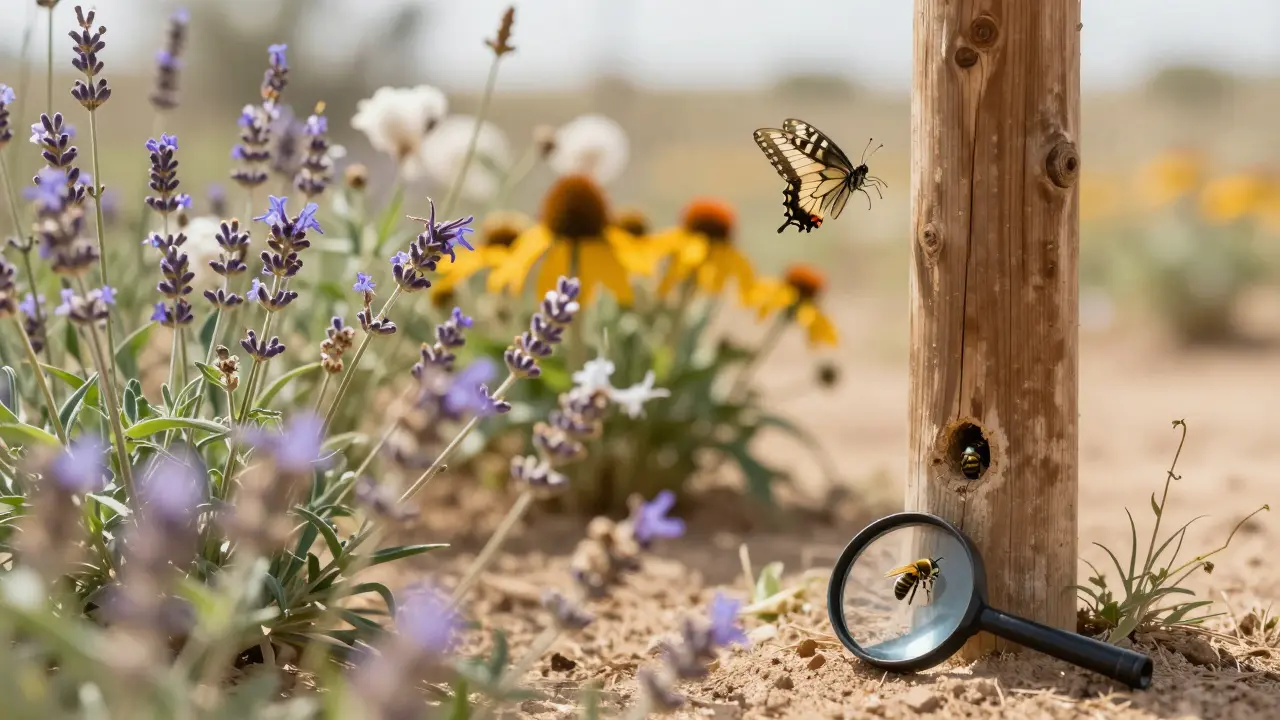 Wildflowers buzzing with butterflies and bees, a magnifying glass beside them in the desert sun.