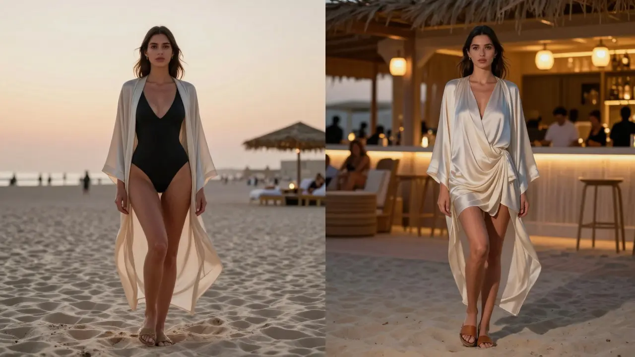 Woman transitioning from daytime beachwear to evening resort attire at a Dubai beach club.