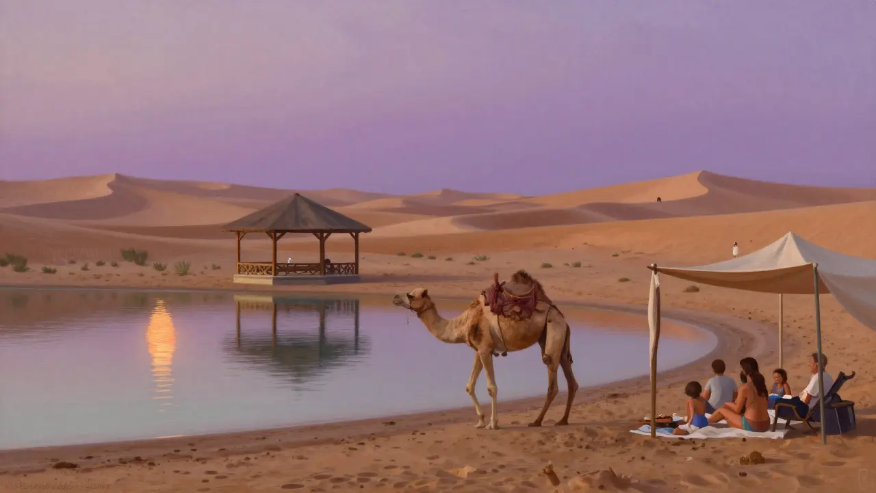 A camel walks toward a shaded gazebo at Al Qudra Lakes Beach Club as the desert meets the sea at sunset.