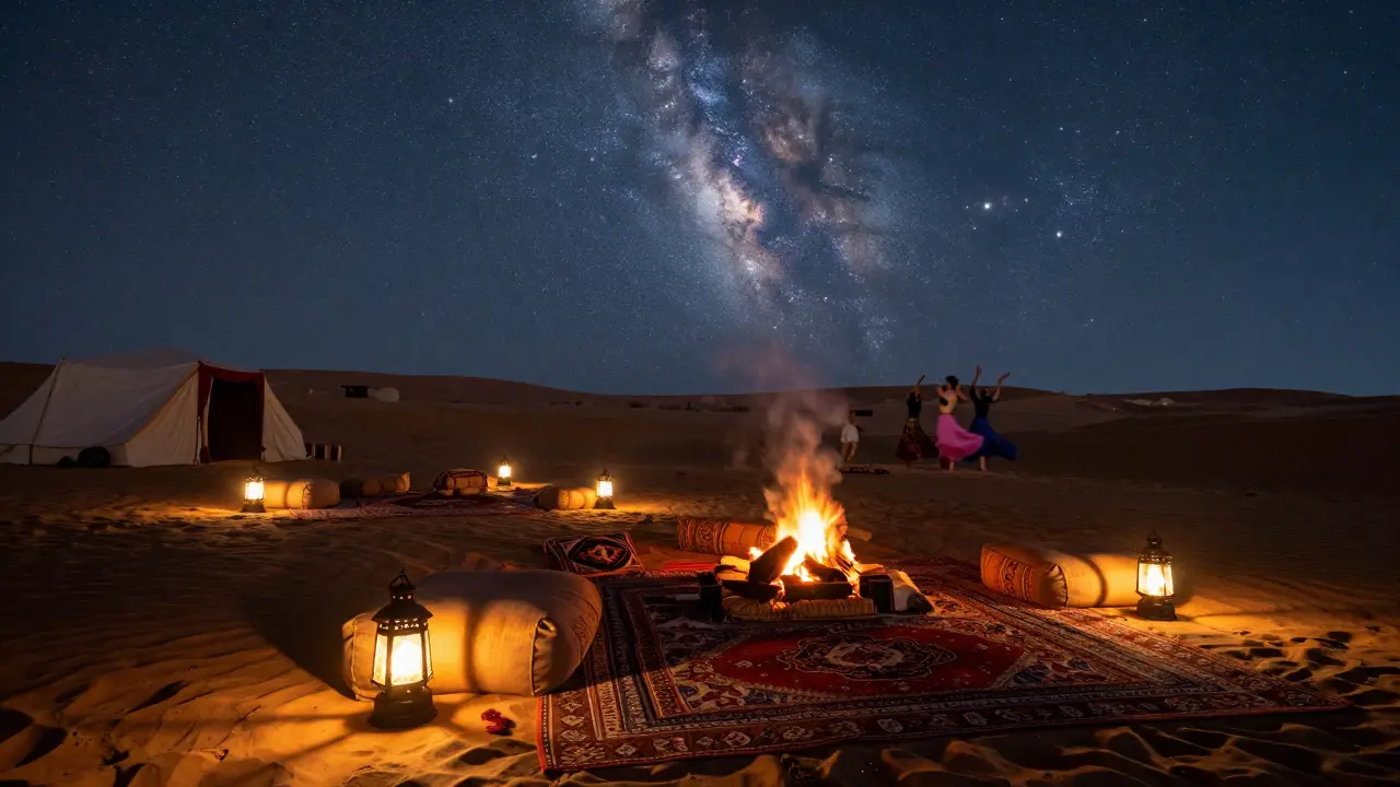 A cozy Bedouin camp at twilight with lanterns, firelight, and a star-filled sky above.