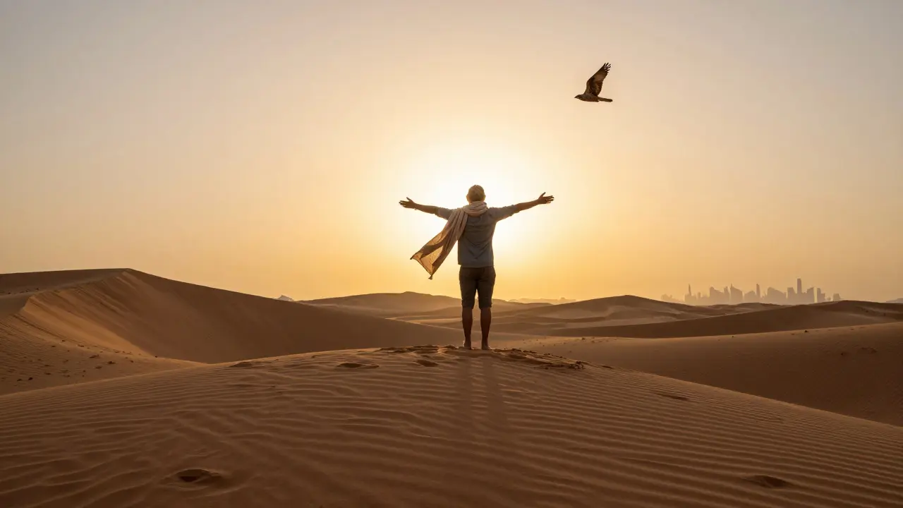 A lone traveler on a desert dune at dawn, arms outstretched, with a falcon flying overhead.