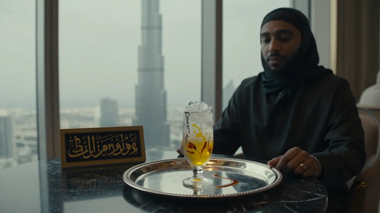 A signature cocktail on a silver tray rests on black marble, illuminated by soft light with the Burj Khalifa visible through floor-to-ceiling windows.
