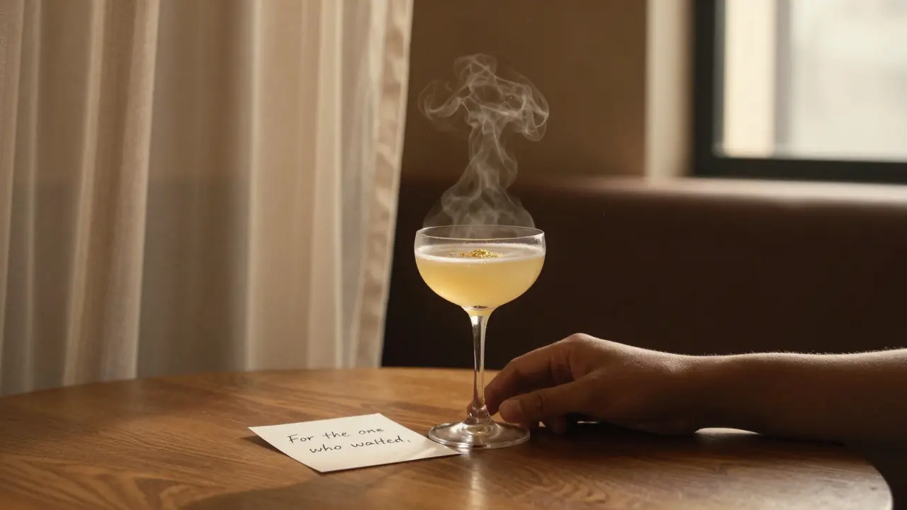 A single cocktail with a handwritten note, glowing softly in a silent, elegant room.