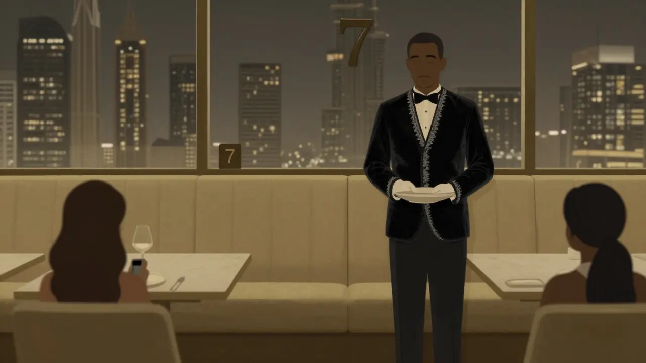An empty VIP booth labeled '7' stands beside a velvet-clad waiter, with the Dubai skyline glowing softly outside, symbolizing exclusivity and discretion.