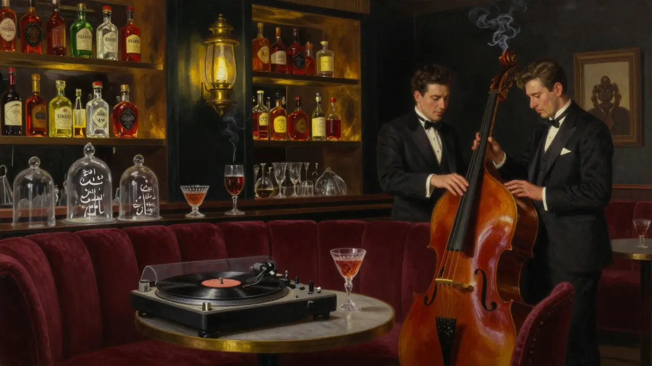 An intimate 1920s-style lounge with velvet booths, rare spirits, and smoke-wrapped cocktails.