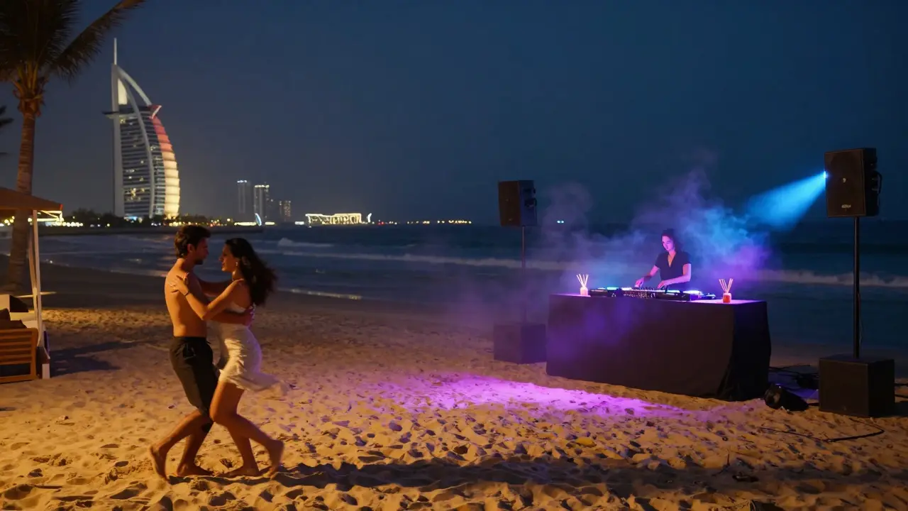 Beach club at midnight with dancers on warm sand, colored lights reflecting on ocean waves under a starry sky.