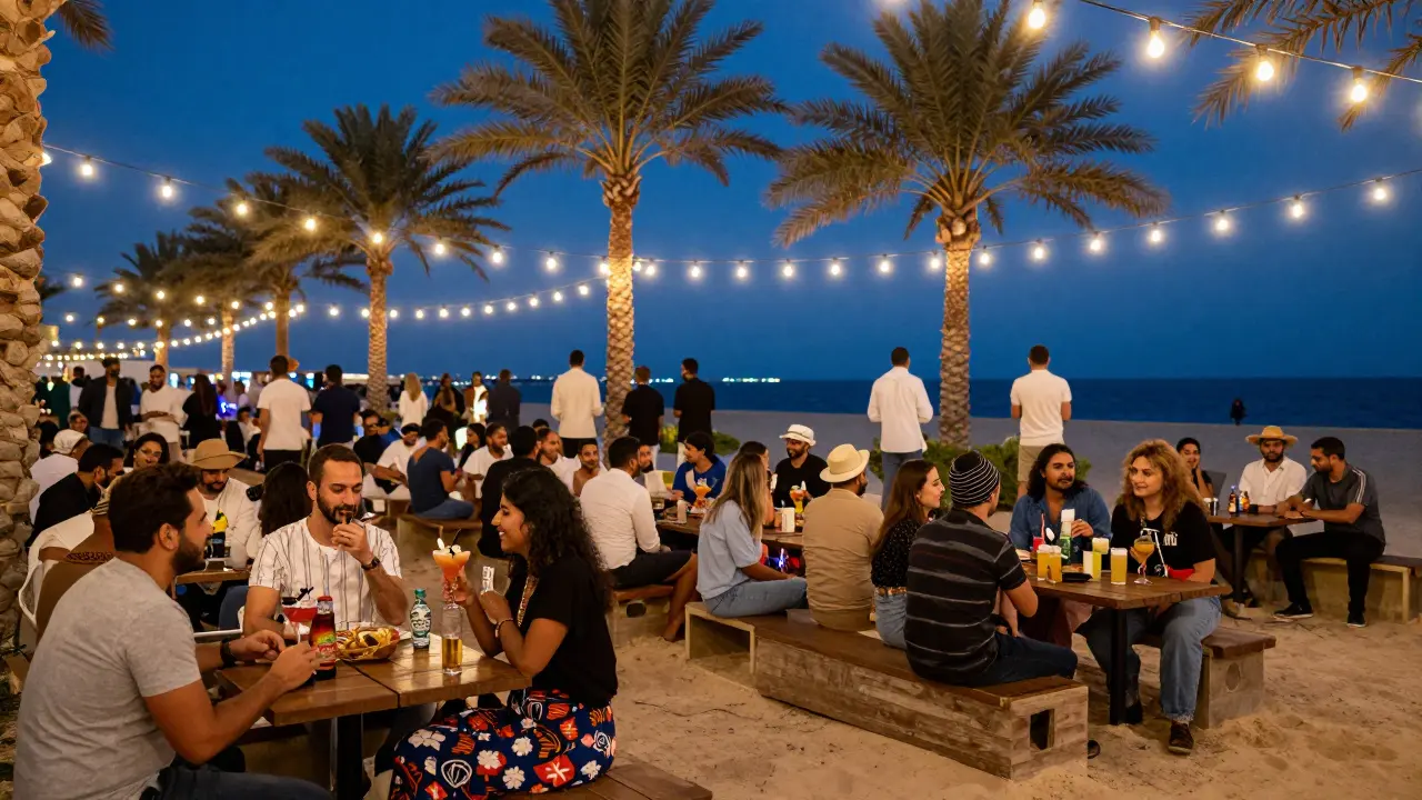 Casual crowd at Barasti in Jumeirah drinking local beer under string lights at twilight.