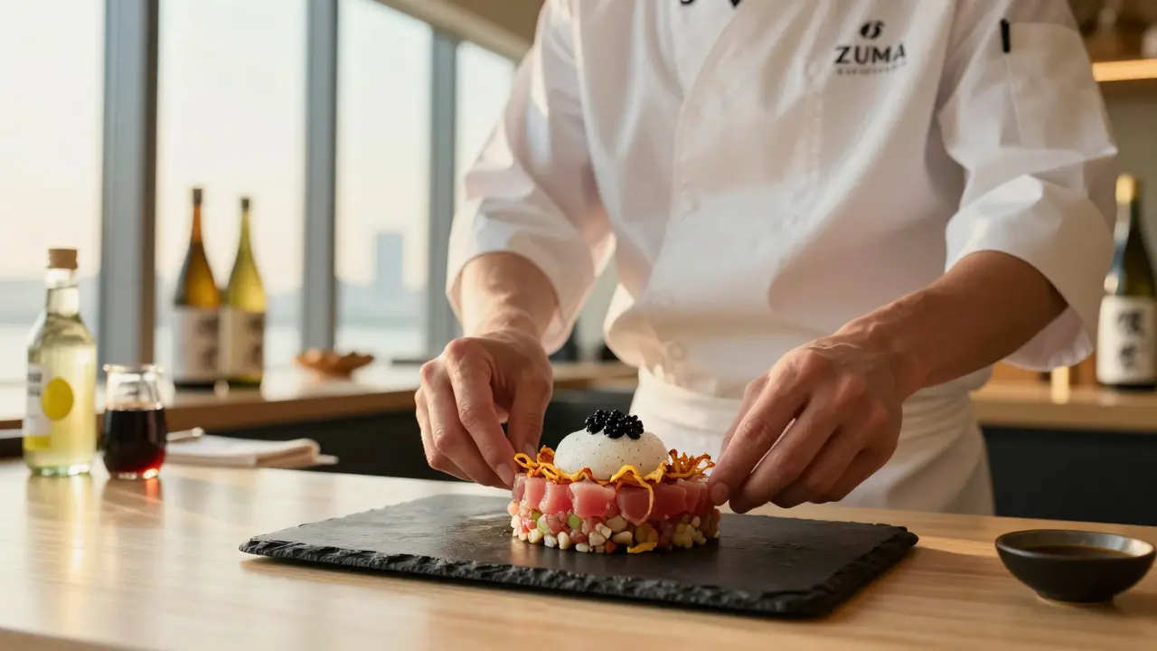 Chef plating tuna tartare with black garlic foam at a modern Japanese-Peruvian restaurant.