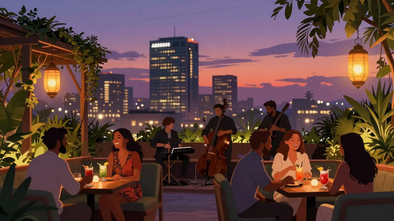 Cozy sky lounge with lanterns and live jazz, guests enjoying mocktails under twilight skies.