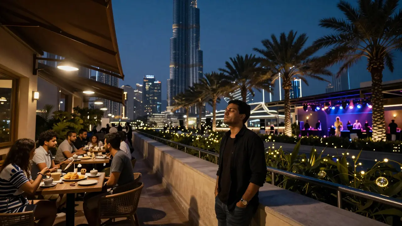 Day-to-night transition at Soho Garden complex: family café on one side, illuminated nightclub terrace on the other.