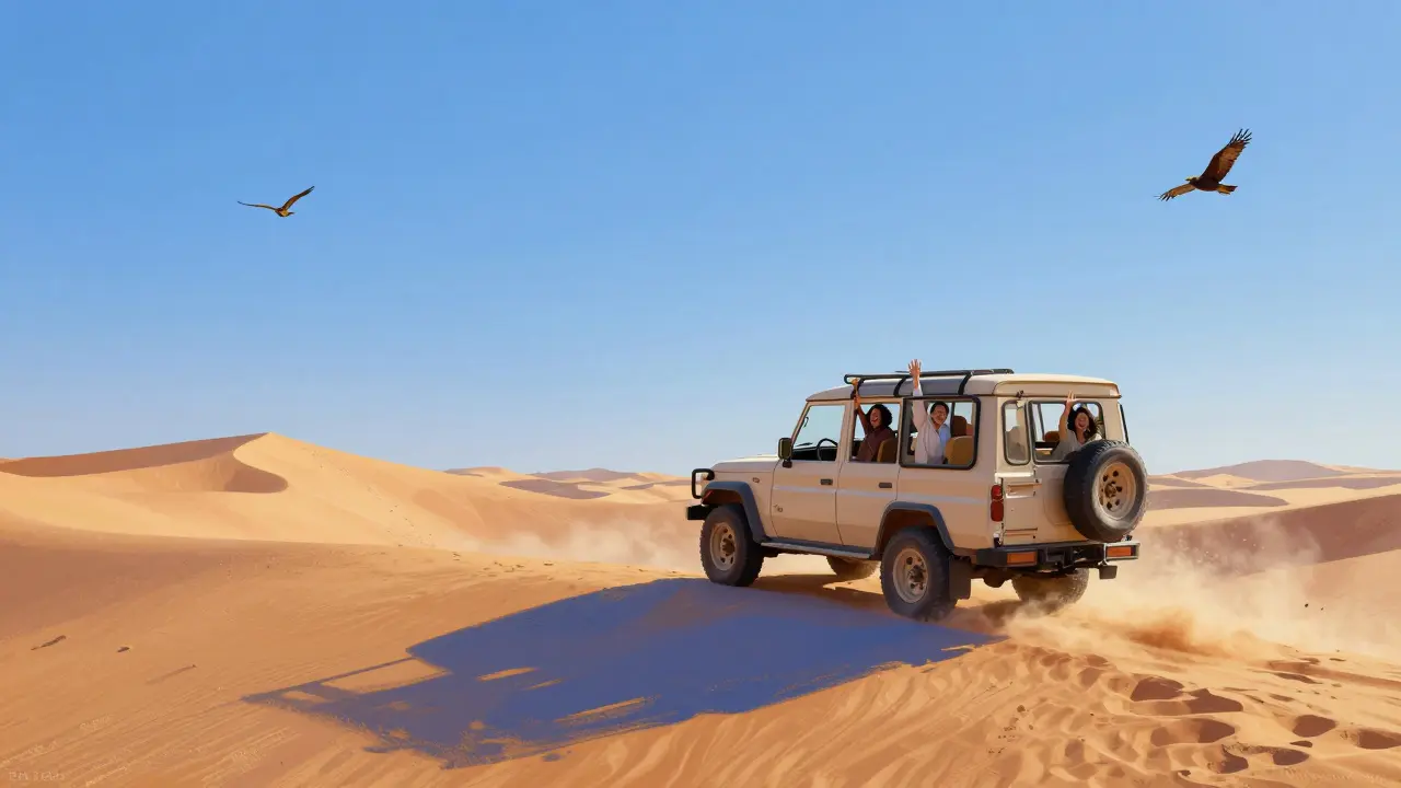 Desert safari vehicle climbing golden dunes at dawn with passengers smiling.