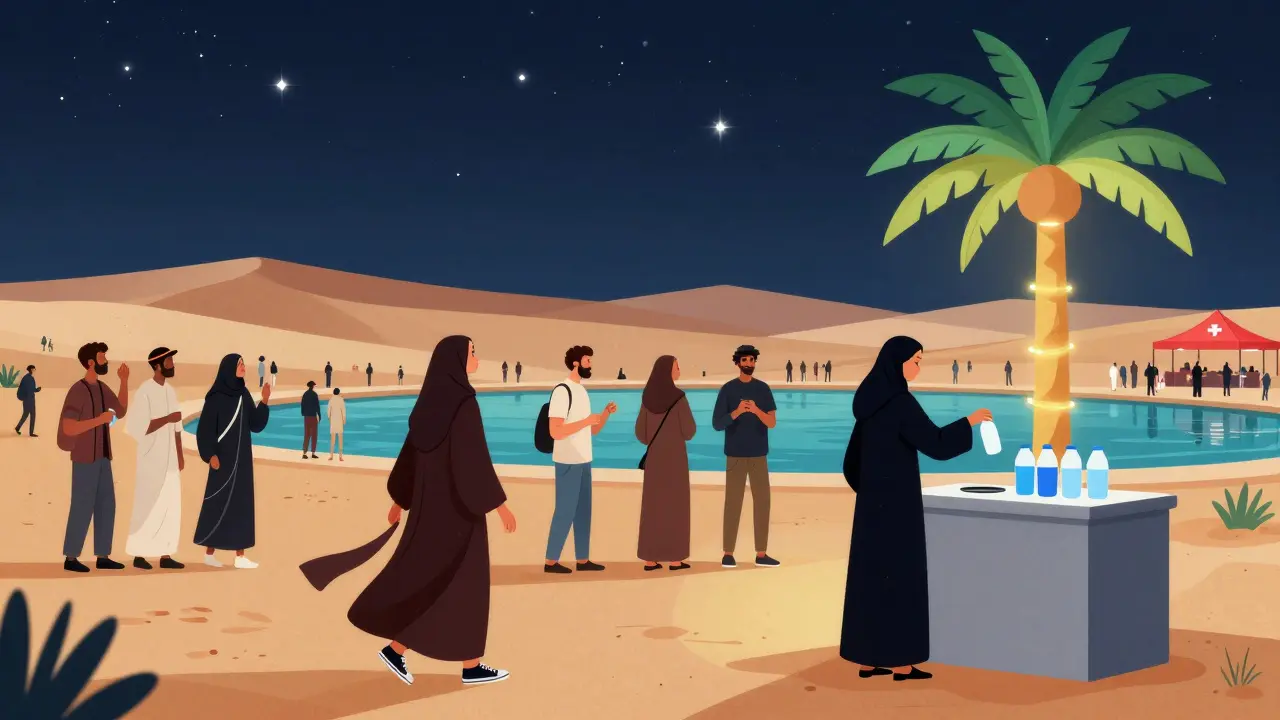 Diverse group refilling water at a desert concert under stars near a palm sculpture.