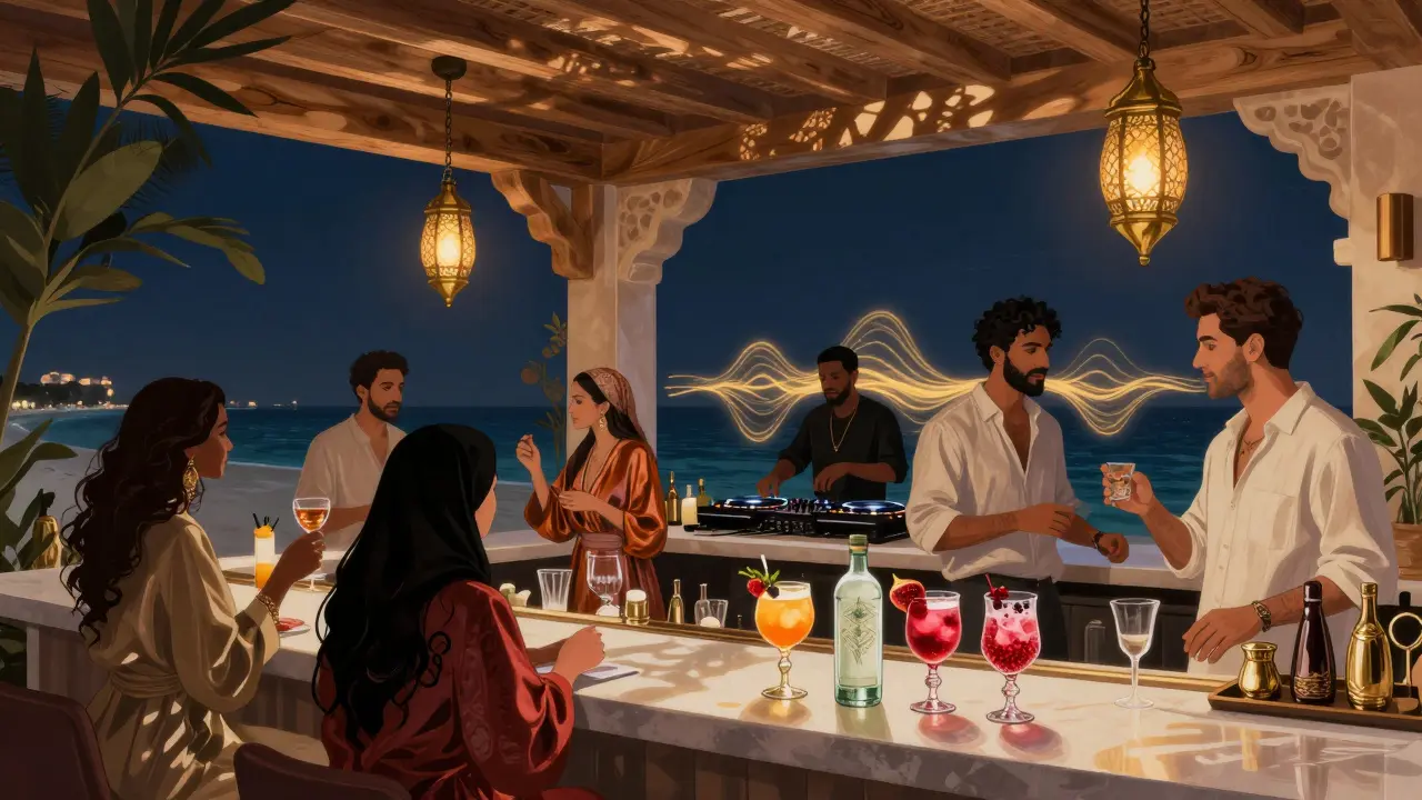 Elegant crowd mingling under warm lanterns at Soho Garden Dubai, blending traditional and modern attire with ambient music.