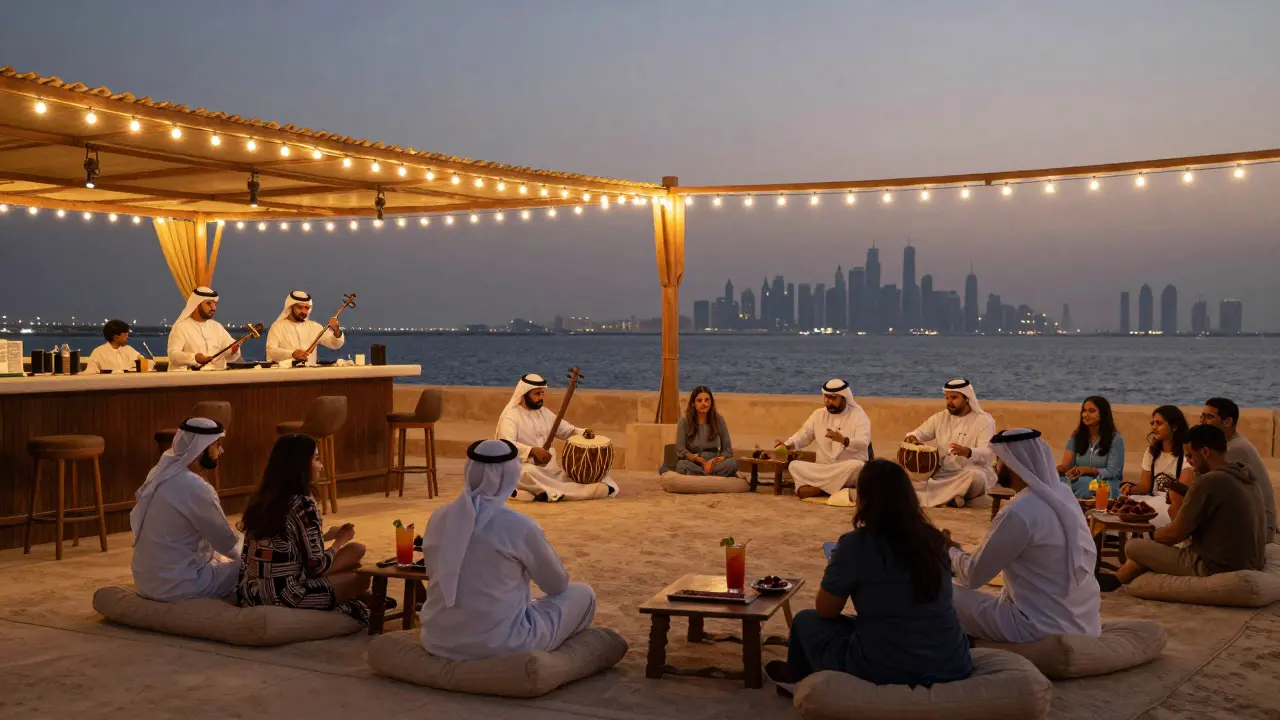 Emirati musicians performing traditional music at night by the Gulf, families enjoying non-alcoholic drinks under string lights.