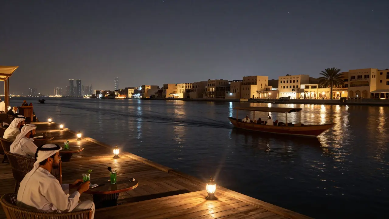 Floating wooden terrace on Dubai Creek at night with dhows passing and warm lantern lights.