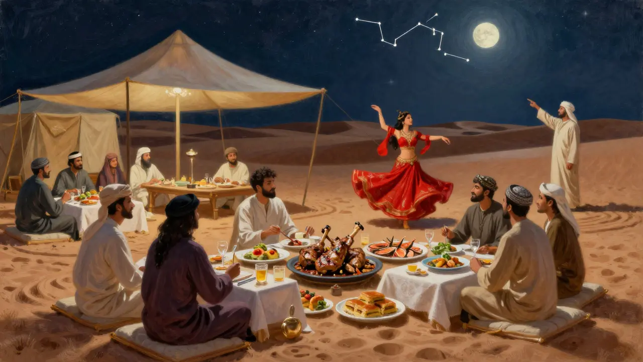 Guests enjoying a gourmet Arabic dinner under starry skies at a desert camp, with a belly dancer performing nearby.