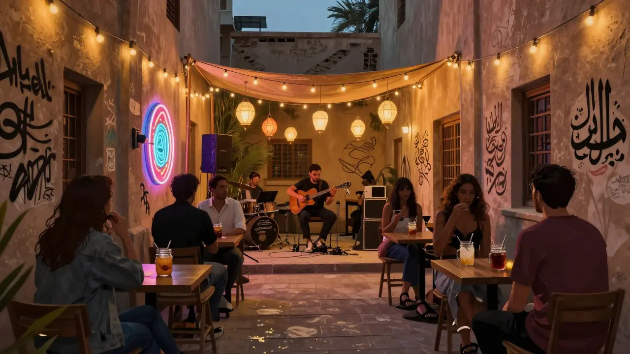 Hidden arts district alley with neon lights, live music, and patrons enjoying craft cocktails under lanterns.