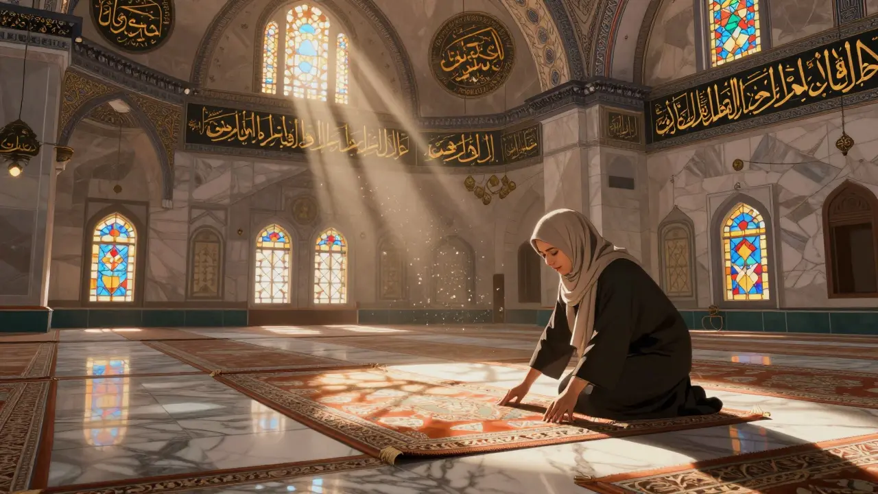 Interior of the mosque with golden calligraphy and stained glass casting colorful light on prayer rugs.