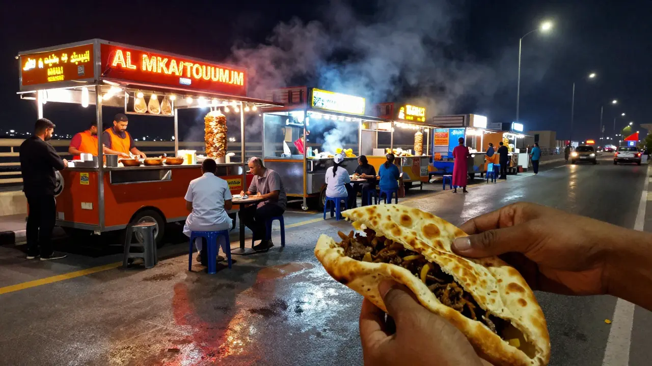 Late-night food trucks under a bridge with customers eating shawarma and kebabs under string lights.