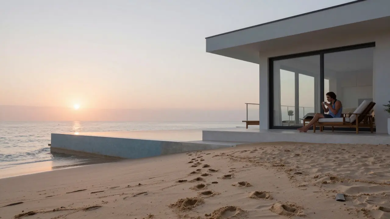 Morning on a private beach with footsteps leading to a modern villa and infinity pool reflecting the sunrise.