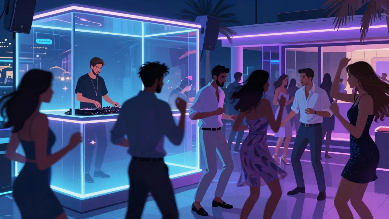 Nightclub scene in Dubai Marina with neon lights, dancers, and strict dress code enforced.