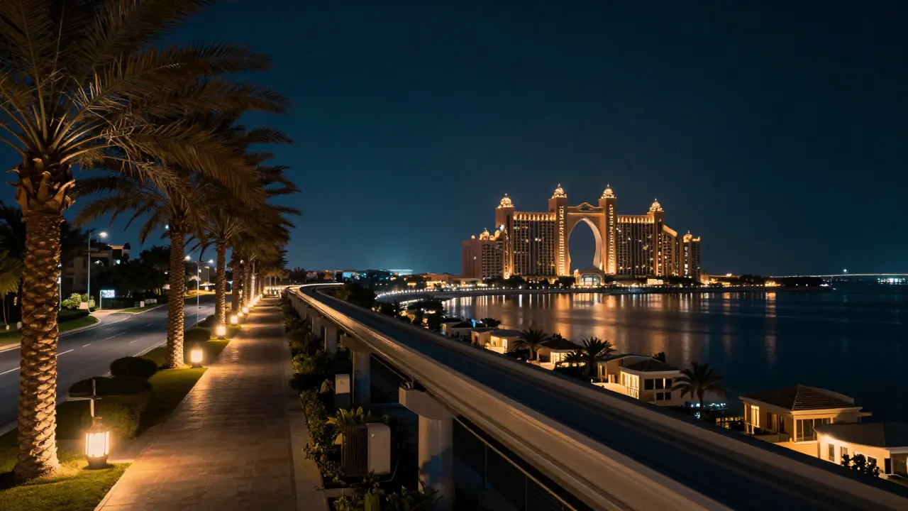 Nighttime monorail view along Palm Jumeirah's trunk with glowing homes and Atlantis hotel lit against dark water.