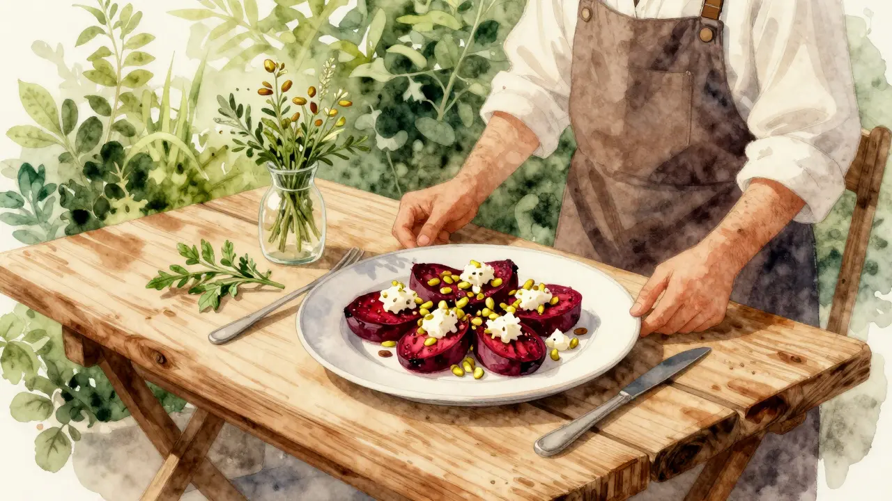 Roasted beetroot dish with goat cheese and pistachios on a wooden table in a vegetarian fine dining space.
