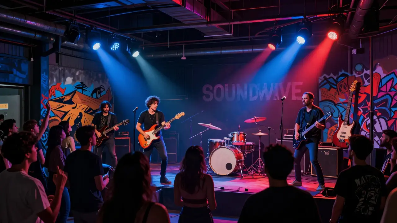 Rock band performing in a warehouse venue with energetic crowd, neon lights, and industrial ambiance.