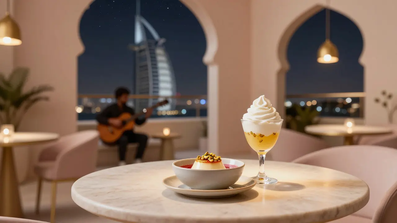 Rooftop dessert with golden panna cotta and pistachios under starry skies in elegant Dubai setting.