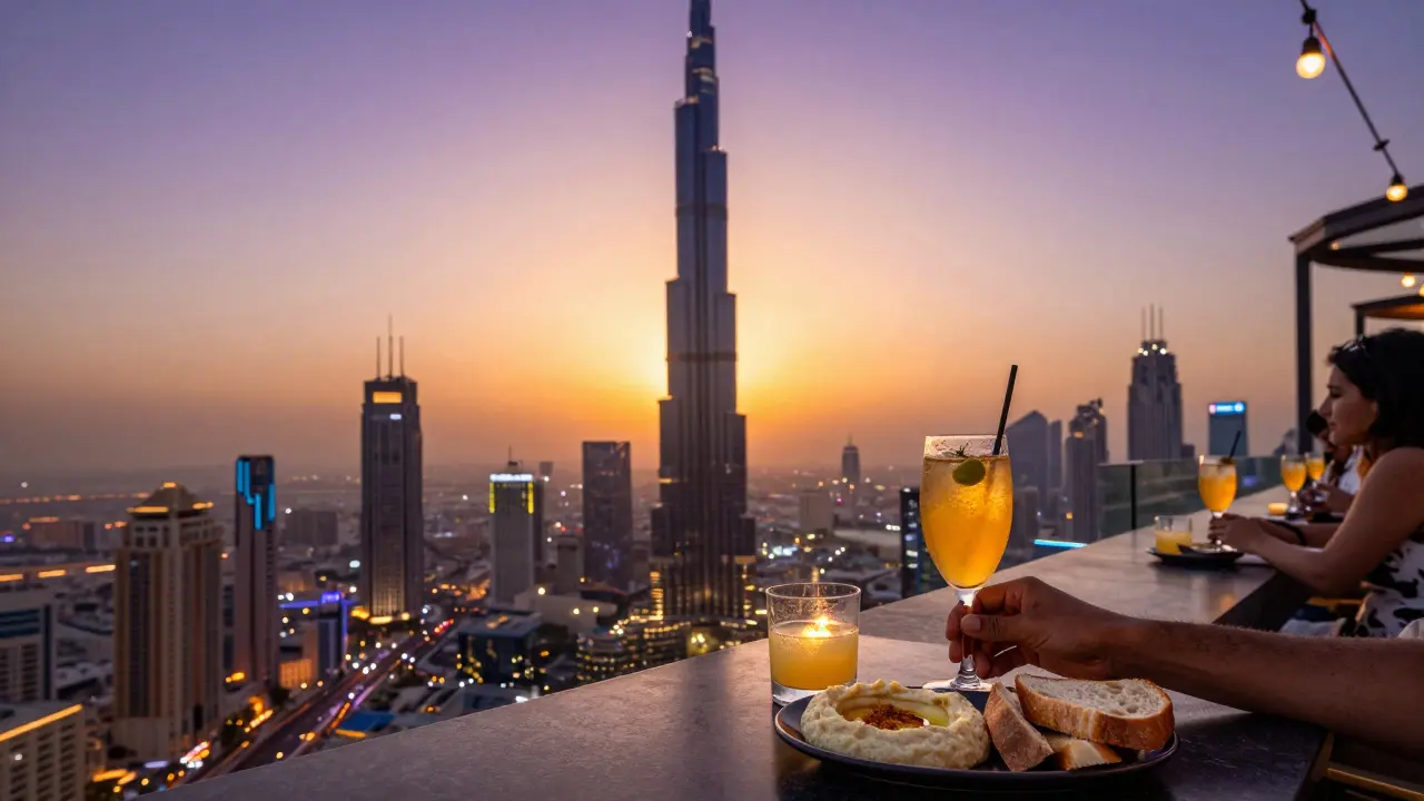 Rooftop guests sipping cocktails at At.mosphere with Burj Khalifa and sunset over Dubai.